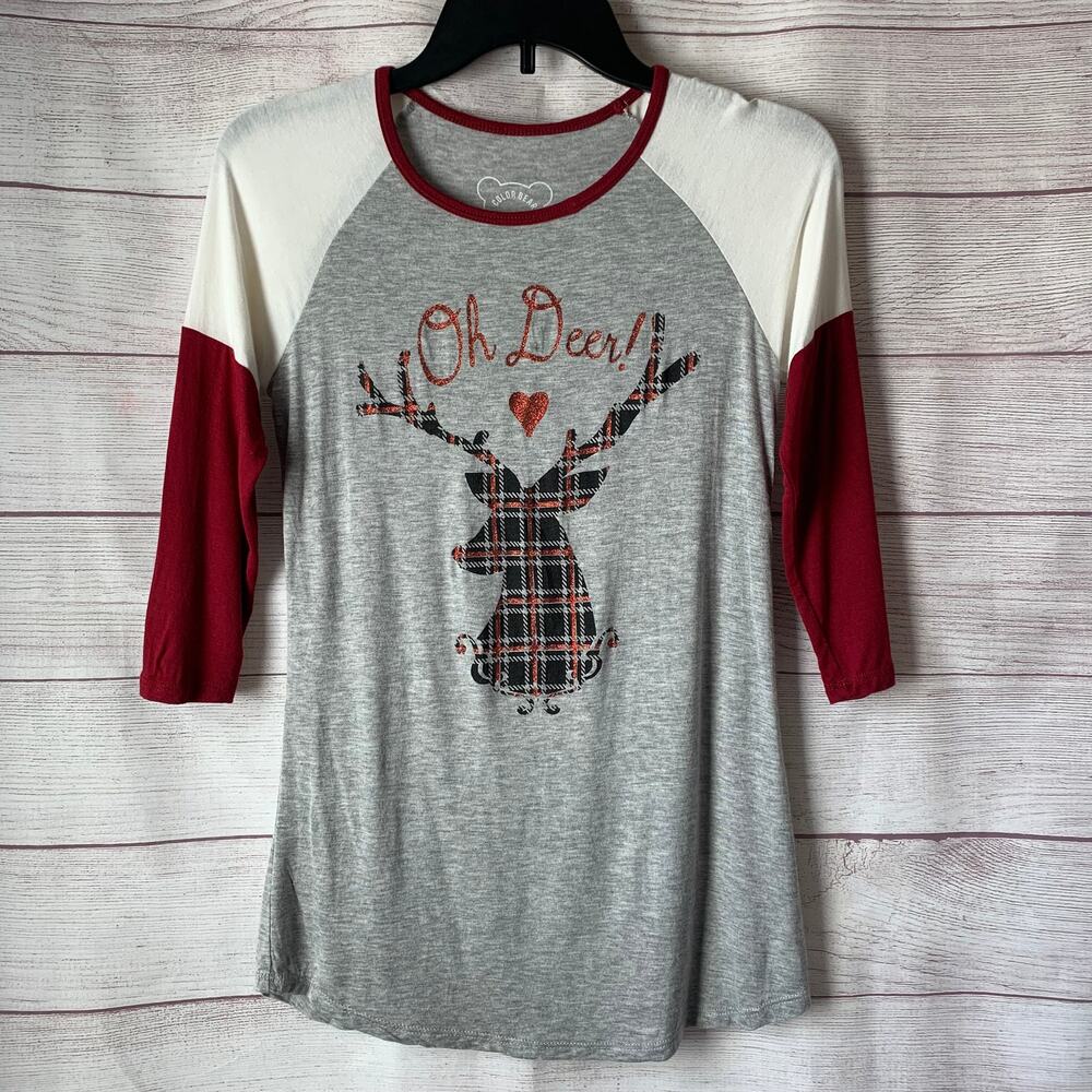 Color Bear Oh Deer Holiday Baseball Tee Shirt Christmas Plaid Color Block Size S